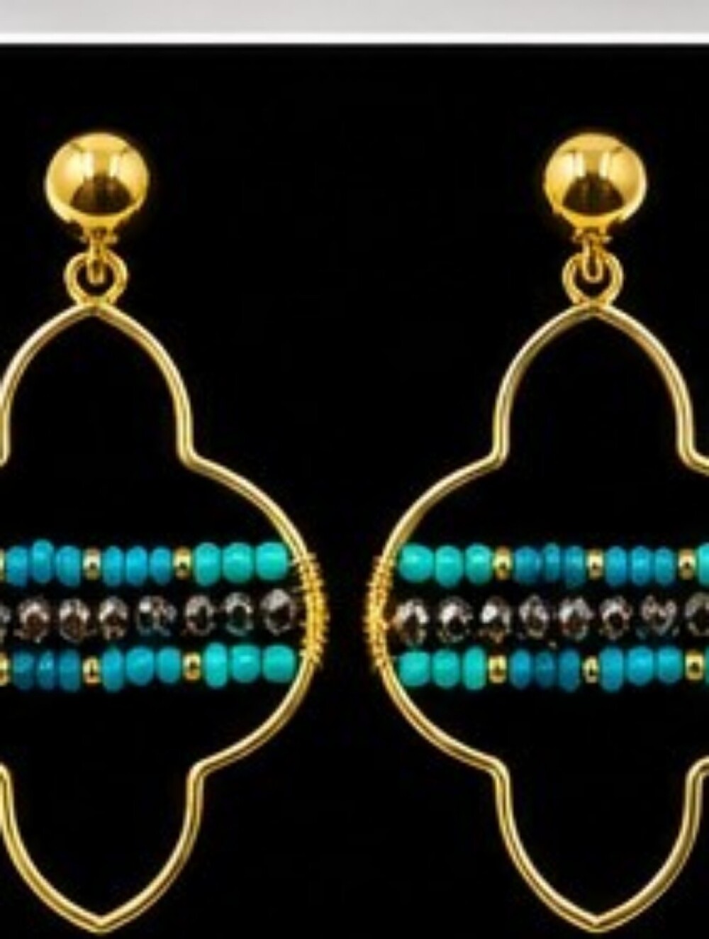 Vintage New Old Stock Gold Tone Beaded Quatrefoil Dangle Earrings Turquoise Hema - Picture 2 of 8